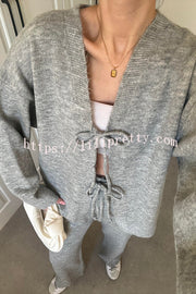 Solid Color V-neck Tie Long-sleeved Loose Knit Cardigan and Elastic Waist Casual Straight Leg Pants Set