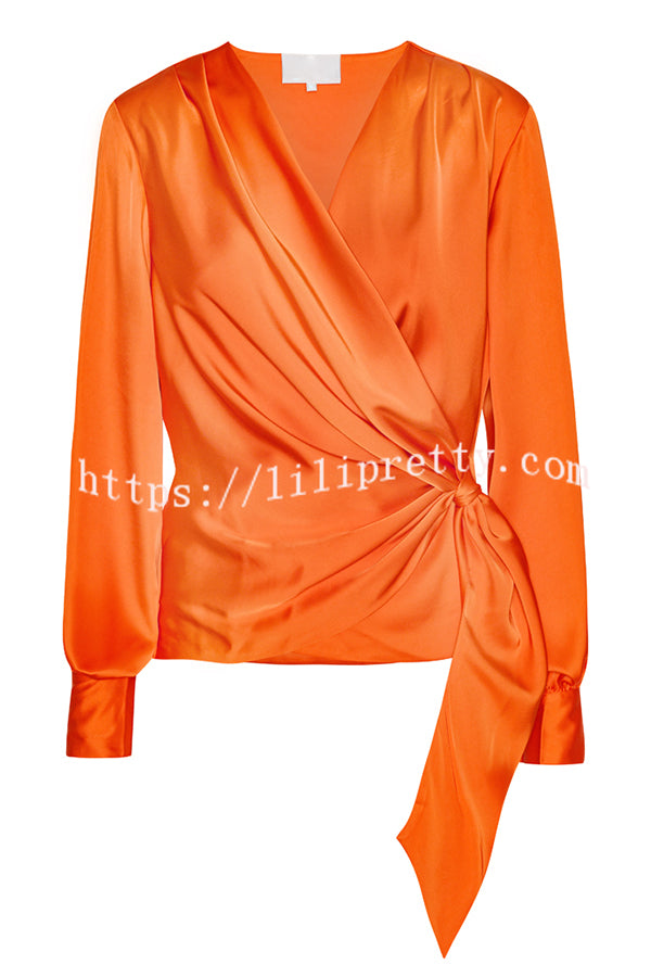 Satin Solid Color V-neck Tie Up Long Sleeve Loose Shirt