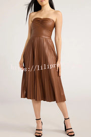 My Juliet Faux Leather Off Shoulder Strapless Pleated Stretch Midi Dress