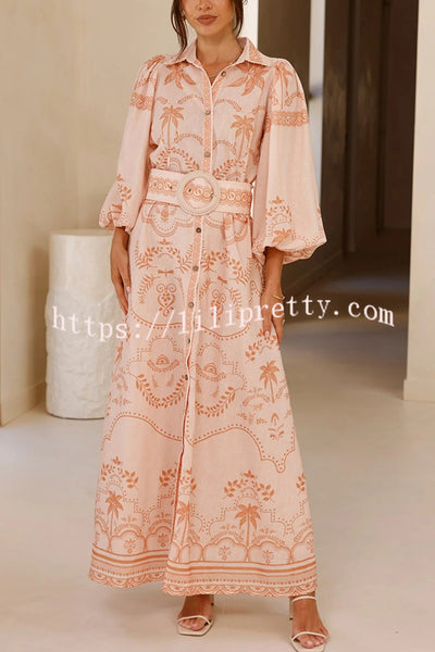 Linen Blend Lapel Puff Sleeve Casual Waist Belted Maxi Dress
