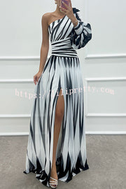 Purely Charming Printed Rose Pendant One Shoulder Pleated Slit Maxi Dress