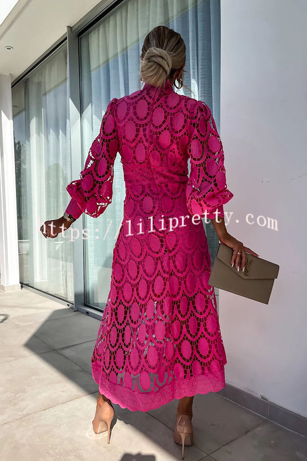 Lilipretty Romantic, Sensual and Elegant Crochet Lace Lantern Sleeve Party Midi Dress