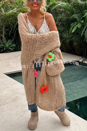Lilipretty A Different Story Knit Hollow Out Multi Color 3D Flowers Oversized Midi Cardigan