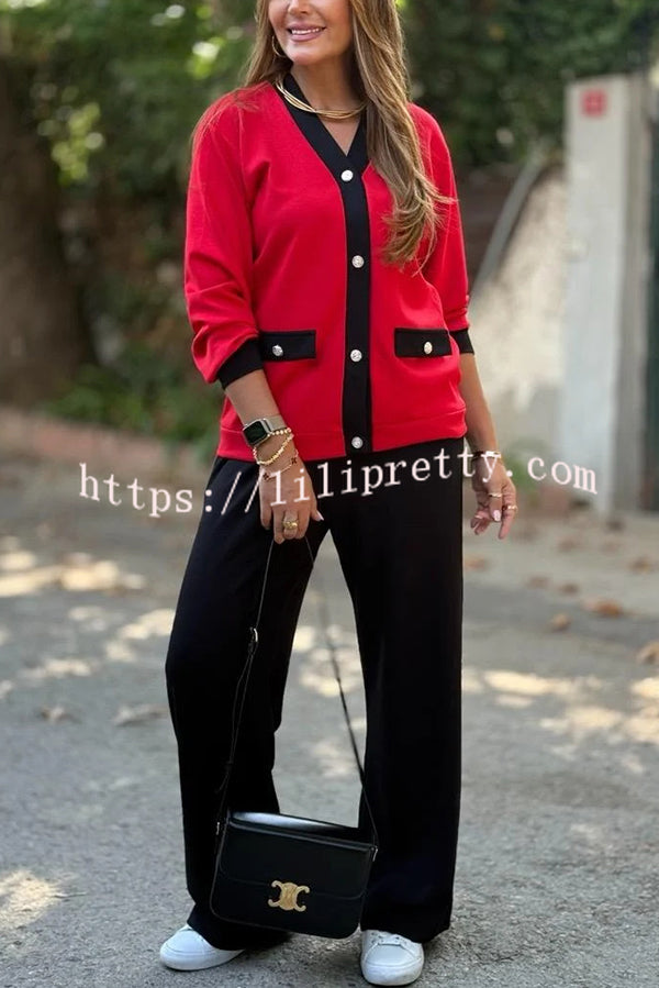 Stylish Color-blocked V-neck Knitted Button-down Cardigan and Elastic Waist Casual Wide-leg Pants Set