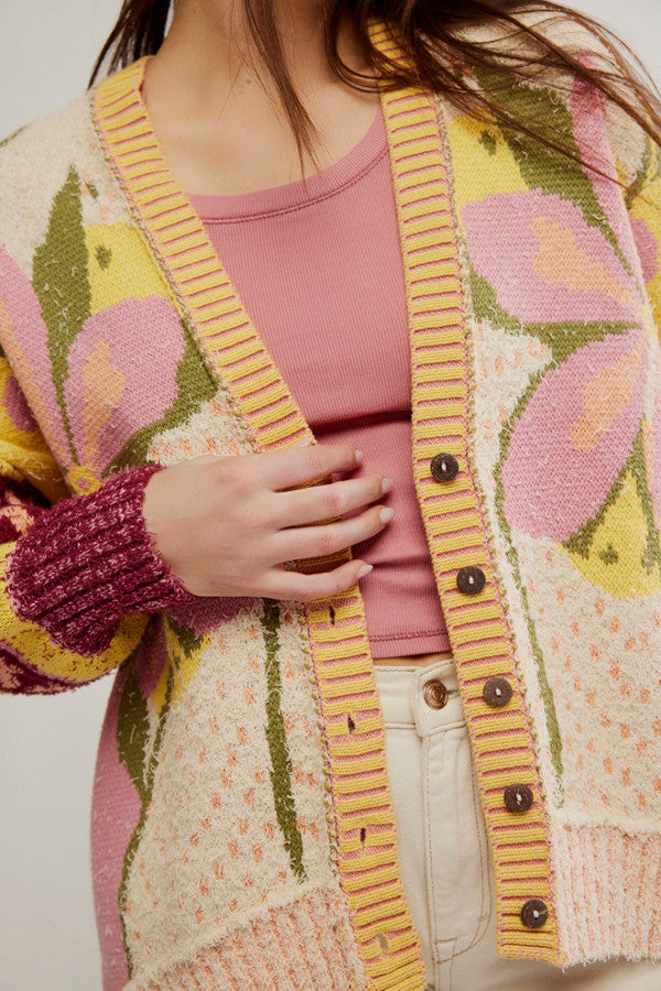 Floral Pattern Loose Long-sleeved Knitted Cardigan