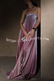 Gorgeous Styling Satin Pleated Elastic Bust Strapless A-line Gown Maxi Dress