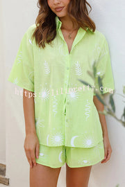 Lilipretty® Bailey Unique Print Loose Button Shirt and Elastic Waist Pocketed Shorts Set