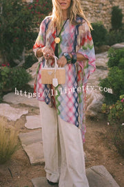 Sun Washed Knit Colorful Zigzag Pattern Asymmetric Hem Loose Cover-ups Kaftan