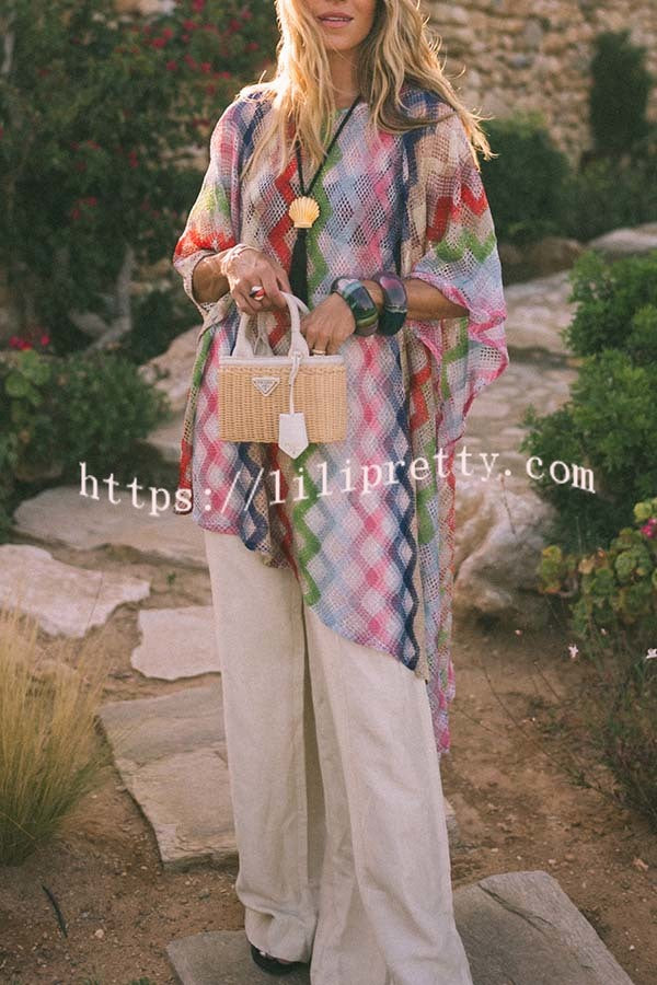 Sun Washed Knit Colorful Zigzag Pattern Asymmetric Hem Loose Cover-ups Kaftan