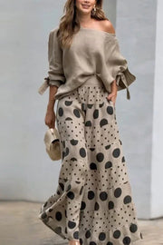 Stylish Tie-cuff Loose Top and Polka Dot Print Pocket Wide Leg Pants Set