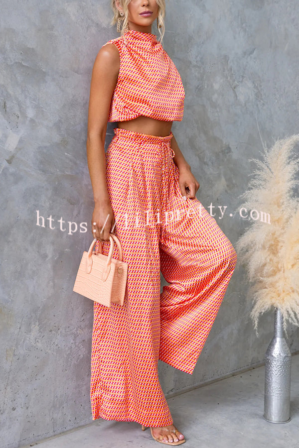 Girls Night Satin Printed High Neck Top and Elastic Tie-up Waist Pocket Wide Leg Pants Set