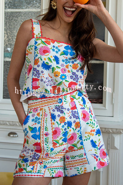 Lyssa Floral Print Wave Trim Back Button Tank and High Waist Pocketed Shorts Set