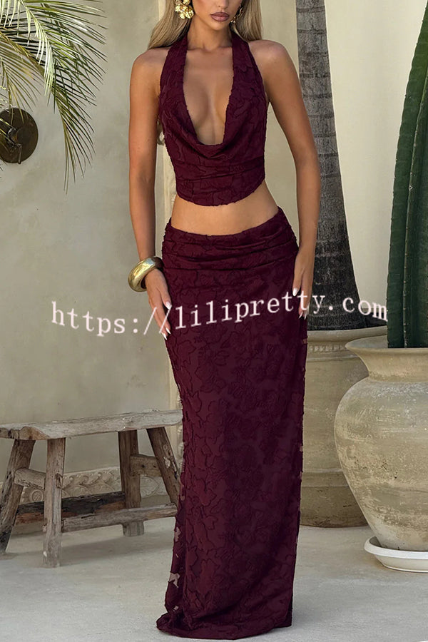 Myra Floral Burnout Jersey Fabric Halter Crop Tank and Ruched Maxi Skirt Set