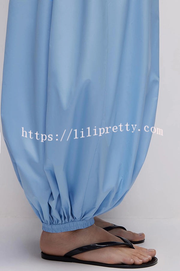 Solid Color Casual Pocket Elastic Waist Lantern Wide Leg Pants