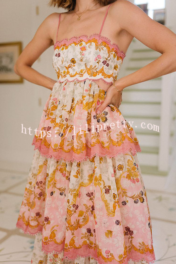 Charming Smile Floral Print Scalloped Lace-trim Back Tie-up Tiered Maxi Dress