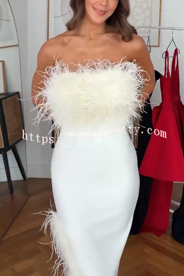 Retro and Glamorous Feather Trim Detail Bandeau Slit Stretch Midi Dress