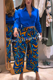 Ocean Heart Linen Blend Printed Ruched Hem Blouse and Belted High Rise Pocket Loose Pants Set