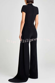 Pippa High Neck Short Sleeve Irregular Drape Hem Top and Elastic Waist Flare Pants Set