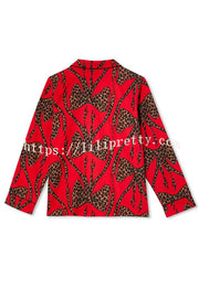 Stylish Colorblock Leopard Print Loose Shirt and Elastic Waist Pocketed Pajama Set