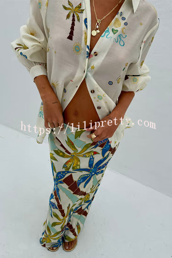 Linen Blend Resort Coconut Palm Print Long Sleeve Lapel Shirt and Elastic Waist Casual Pocket Shorts Set