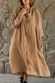 Lilipretty Mindful Cotton Blend Solid Color Button Casual Midi Dress