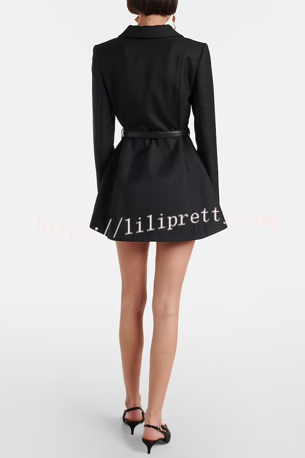 Parisian Style Double-breasted Long Sleeve Flare Hem Lapel Blazer Mini Dress
