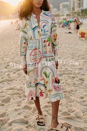 Dreamland Sarong Linen Blend Unique Print A-line Casual Vacation Dress