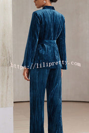 Solid Color Velvet Pleated Long-sleeved Tie Top and Casual Pocket Straight-leg Pants Set