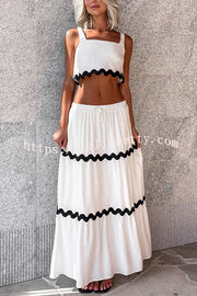 Napa Ric Rac Trims Sleeveless Crop Tank and Drawstring Elastic Waist Pocket Maxi Skirt