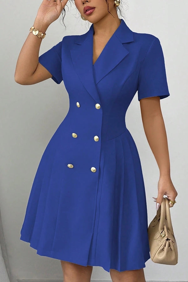 Solid Color Lapel Short Sleeve Button Waist Mini Dress