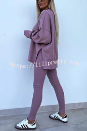 Solid Color Loose Long Sleeve SlitSweatshirt and Elastic Waist Tight Pants Set