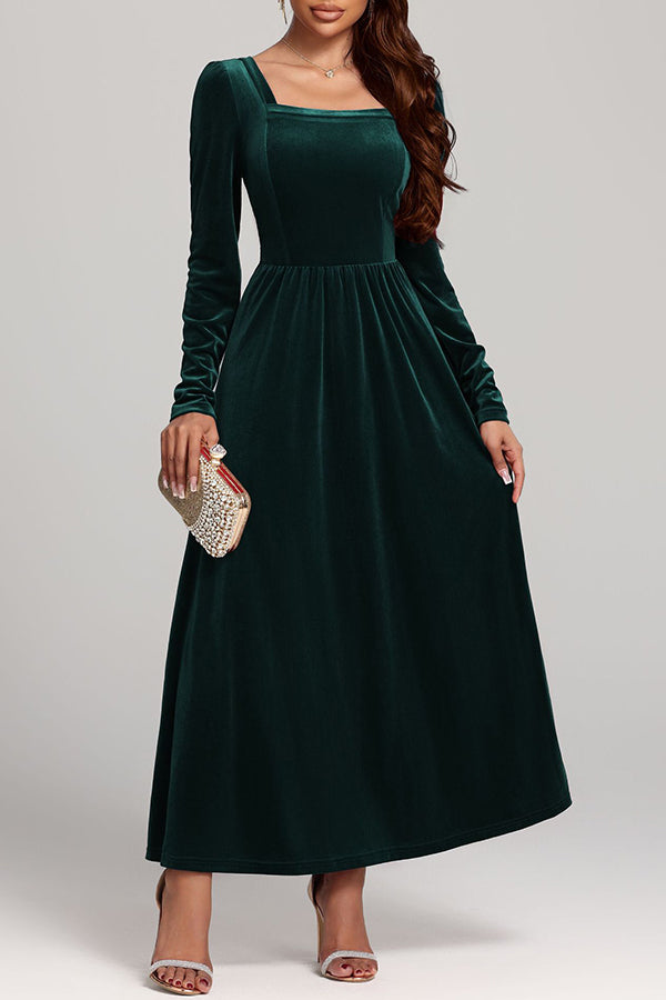 Solid Color Velvet Square Neck Long Sleeve Elegant Maxi Dress