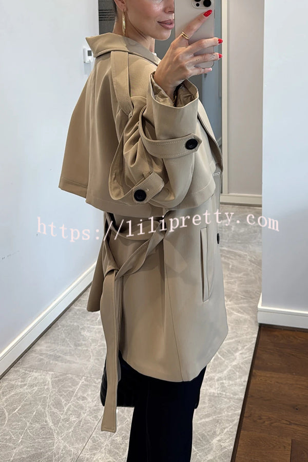 Modern Urban Dropped Shoulder Strap Button Detail Belted Lapel Loose Trench Coat