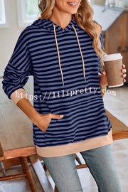 Striped Print Long Sleeve Pocket Loose Hoodie