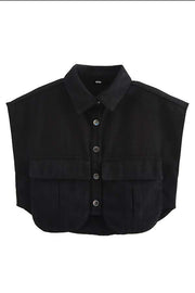 Stylish Weekend Denim Button Up Cape Sleeve Pocket Crop Top