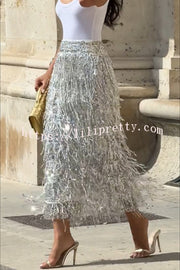 Evening Charm Layered Sequined Tassels High Rise Back Zipper Slit Midi Skirt