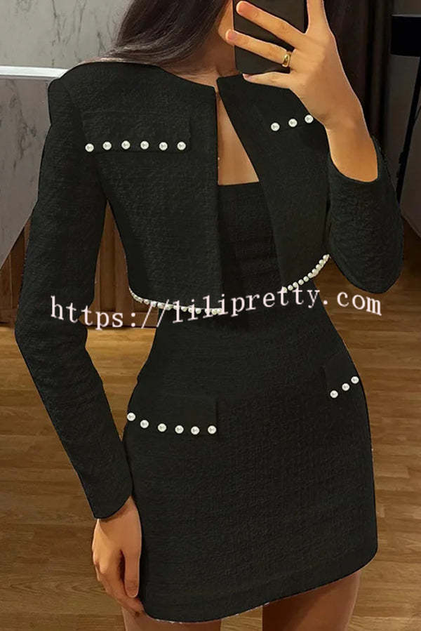 Stylish and Elegant Tweed Pearl-embellished Long-sleeved Jacket