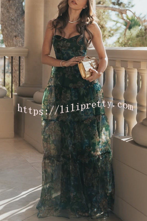 Exclusive Glamour Organza Floral Print Tiered Slip Maxi Dress