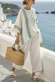 Striped Print Crew Neck Loose Top and Elastic Waist Casual Wide Leg Pants