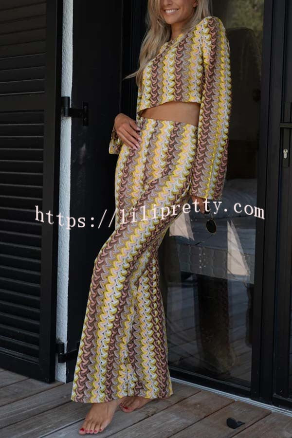 Tamia Knit Colorful Wave Unique Print Crop Top and Stretch Wide Leg Pants Set