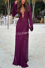 Seaside Goddess Crochet Knit Hollow Out Golden Ring Long Sleeve Cover-up Maxi Dress