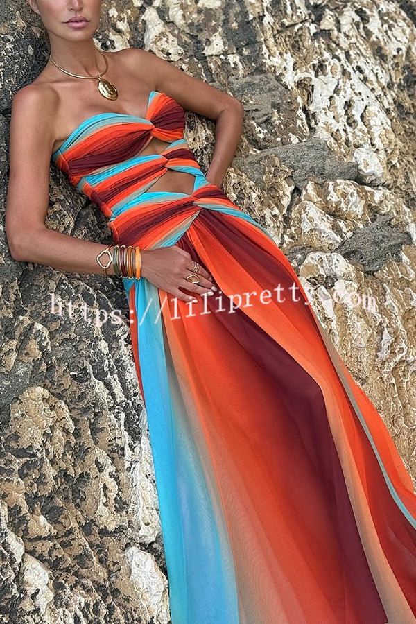 Sardinia Sunset Mesh Printed Twist Cutout Off Shoulder Vacation Maxi Dress