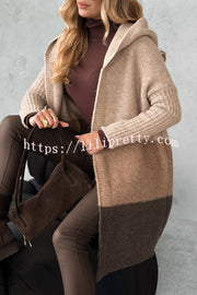 Fashionable Knit Patchwork Color Long-sleeved Hooded Loose Mid-length Cardigan