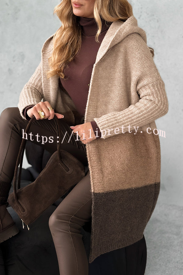 Fashionable Knit Patchwork Color Long-sleeved Hooded Loose Mid-length Cardigan