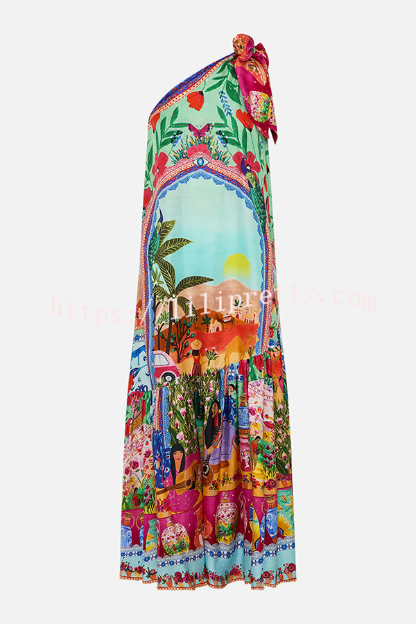 Queens of Creation Unique Print One Shoulder Tie-up Pocketed Loose Maxi Dress