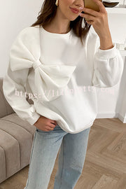 Solid Color Round Neck Long Sleeve Bow Loose Sweatshirts