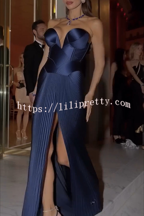 Stunning The Audience Plissé Satin Off Shoulder Drape Slit Gown Maxi Dress