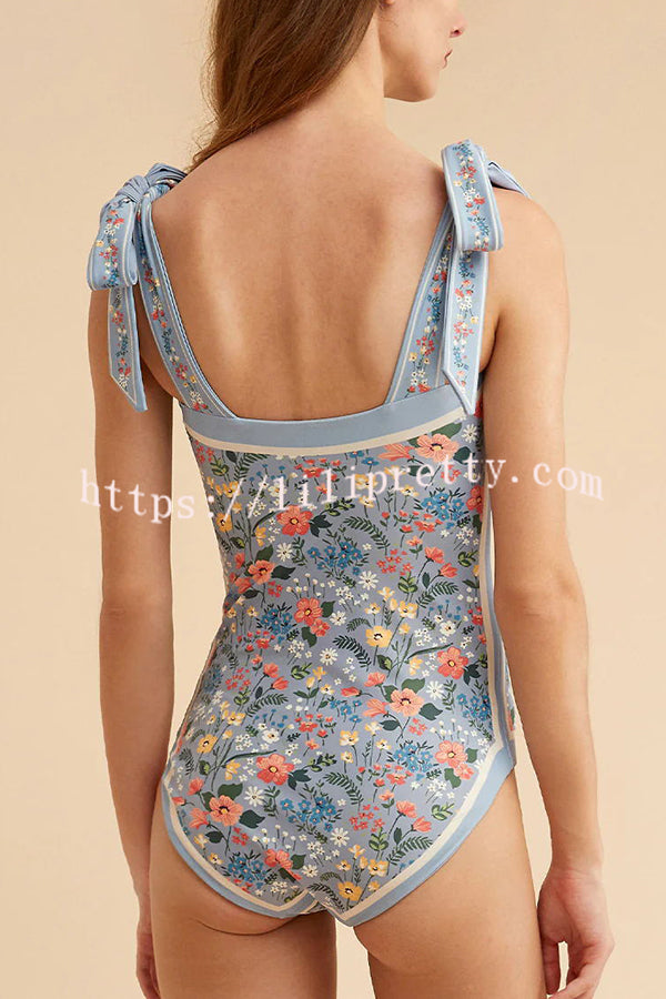 Lilipretty® Sherry Vintage Style Floral Printed Reversible Tie Shoulder Stretch One-piece Swimsuit