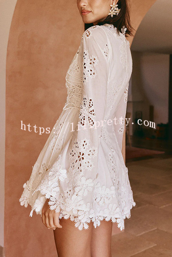 Diaz Embroidery Hollow Fabric Delicate Flower Trim Long Sleeve Side Lace-up Mini Dress