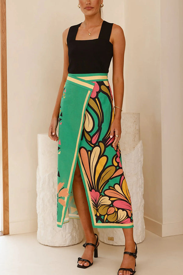 Plant Print Sexy Slit Casual Holiday Midi Skirt